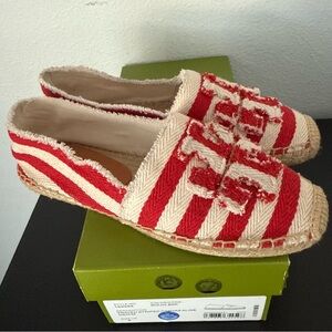 NEW TORY BURCH Fray Stripe Espadrille Flat In Red White Canvas